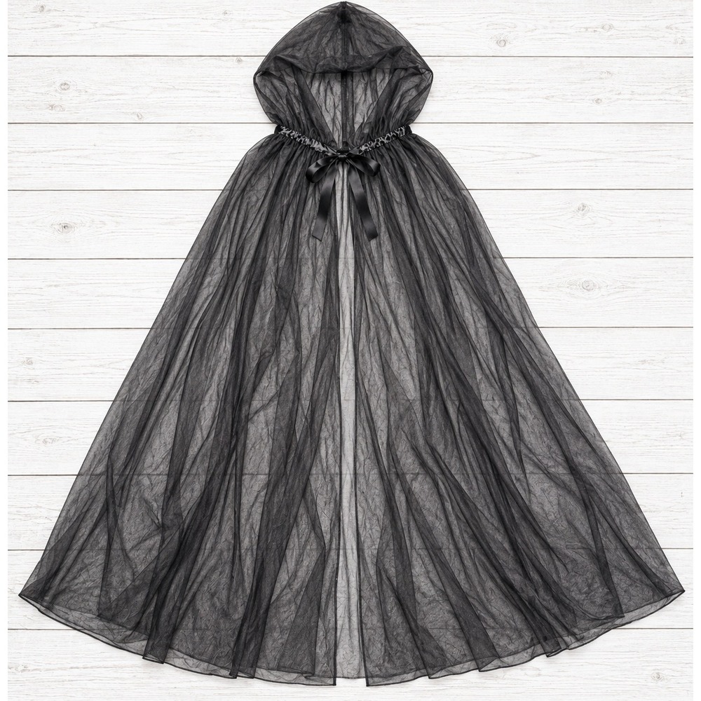 Black Sheer Hooded Full Length Cape Gothic Witch Vampire Halloween Adult OSFM